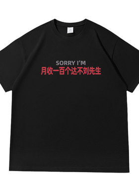 月收入一百个达不刘先生趣味文字落肩款260克重磅短袖T恤衫休闲夏