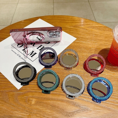 日韩INS风高级感电镀闪粉镜面无线充电磁吸magsafe引磁手机支架折叠防摔指环扣粘贴式支撑座背贴补妆镜子女款