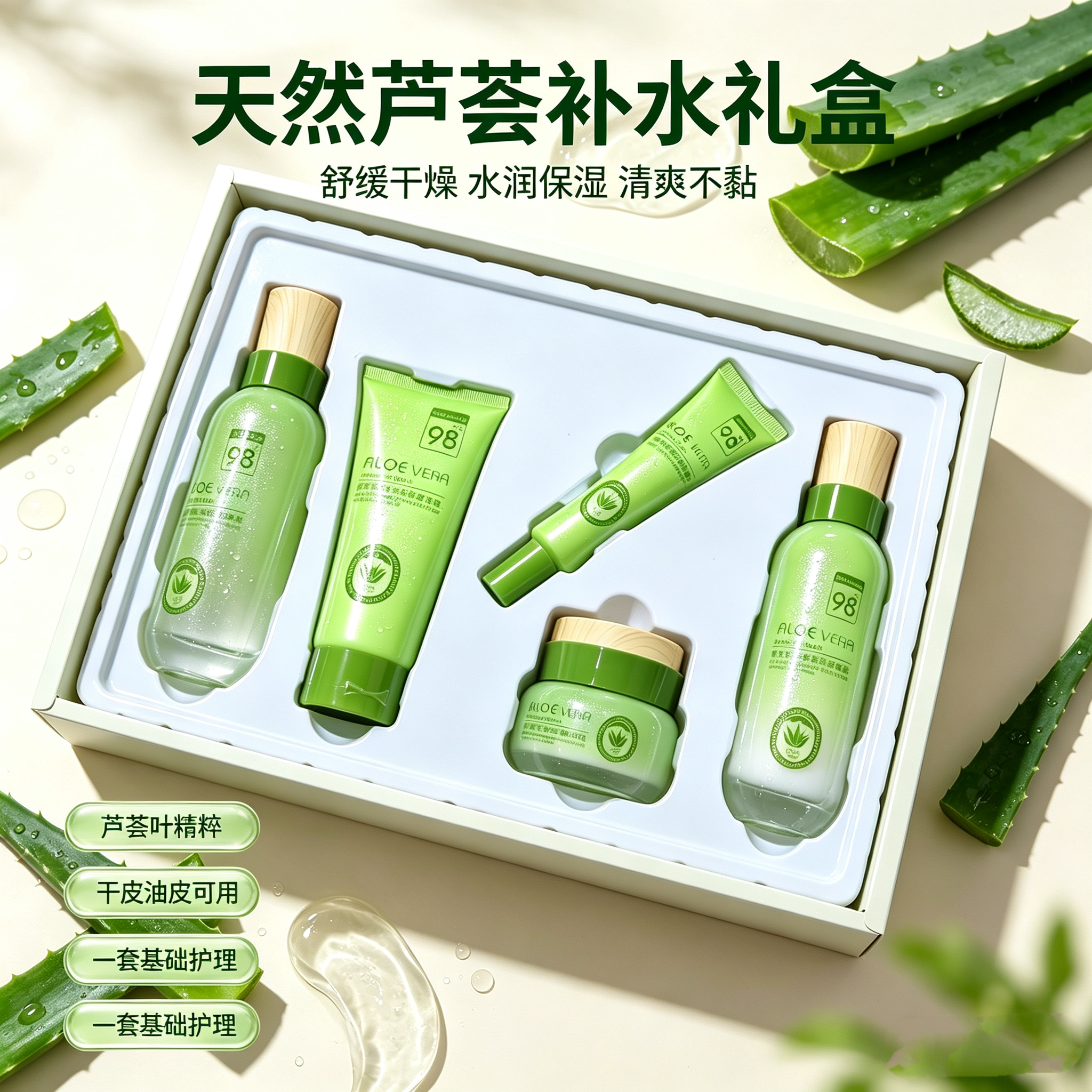 亮集萃芦荟补水护肤套装清爽控油保湿修护收缩毛孔植物草本护肤品