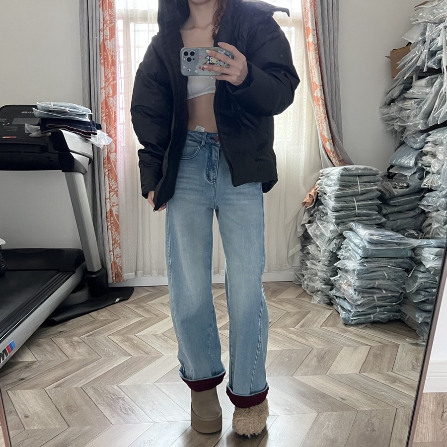 高弹中度绒新水洗直筒阔脚拖地裤