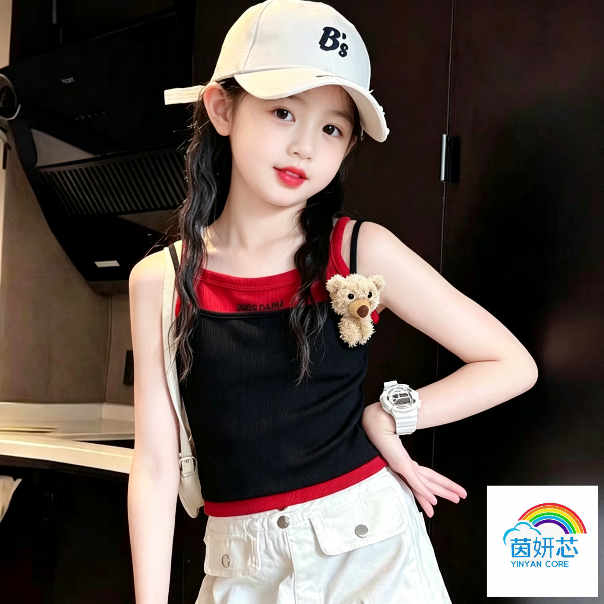 女童夏季2026新款吊带宝宝时髦洋气可爱撞色小熊款背心上衣儿童装