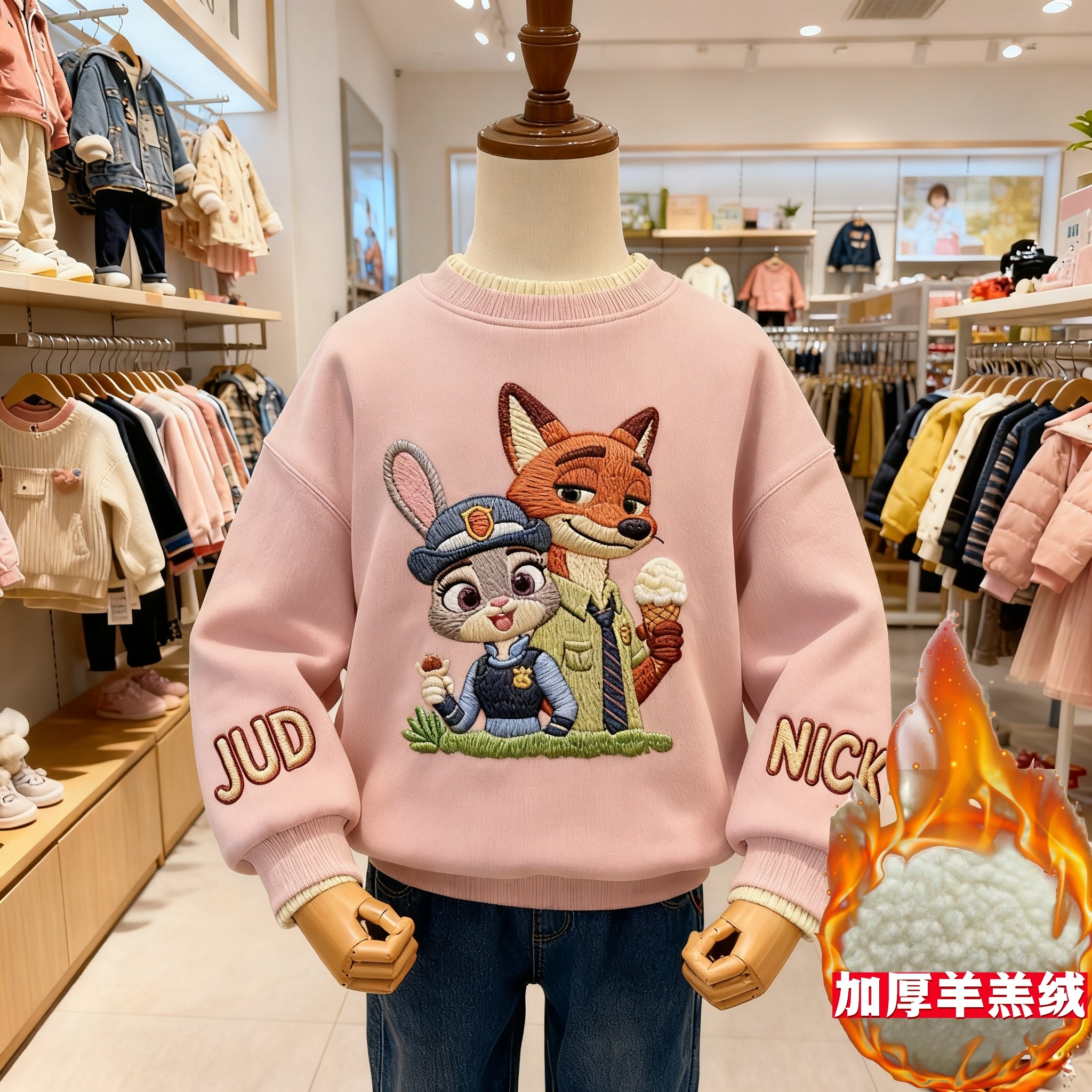 疯狂动物城朱迪尼克羊羔绒加厚卡通印图加绒卫衣女秋冬保暖上衣