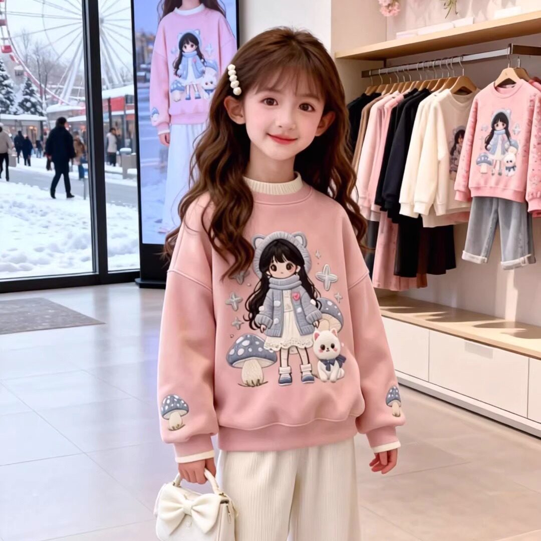 卡通女孩印花卫衣男女童加绒加厚圆领套头洋气百搭上衣
