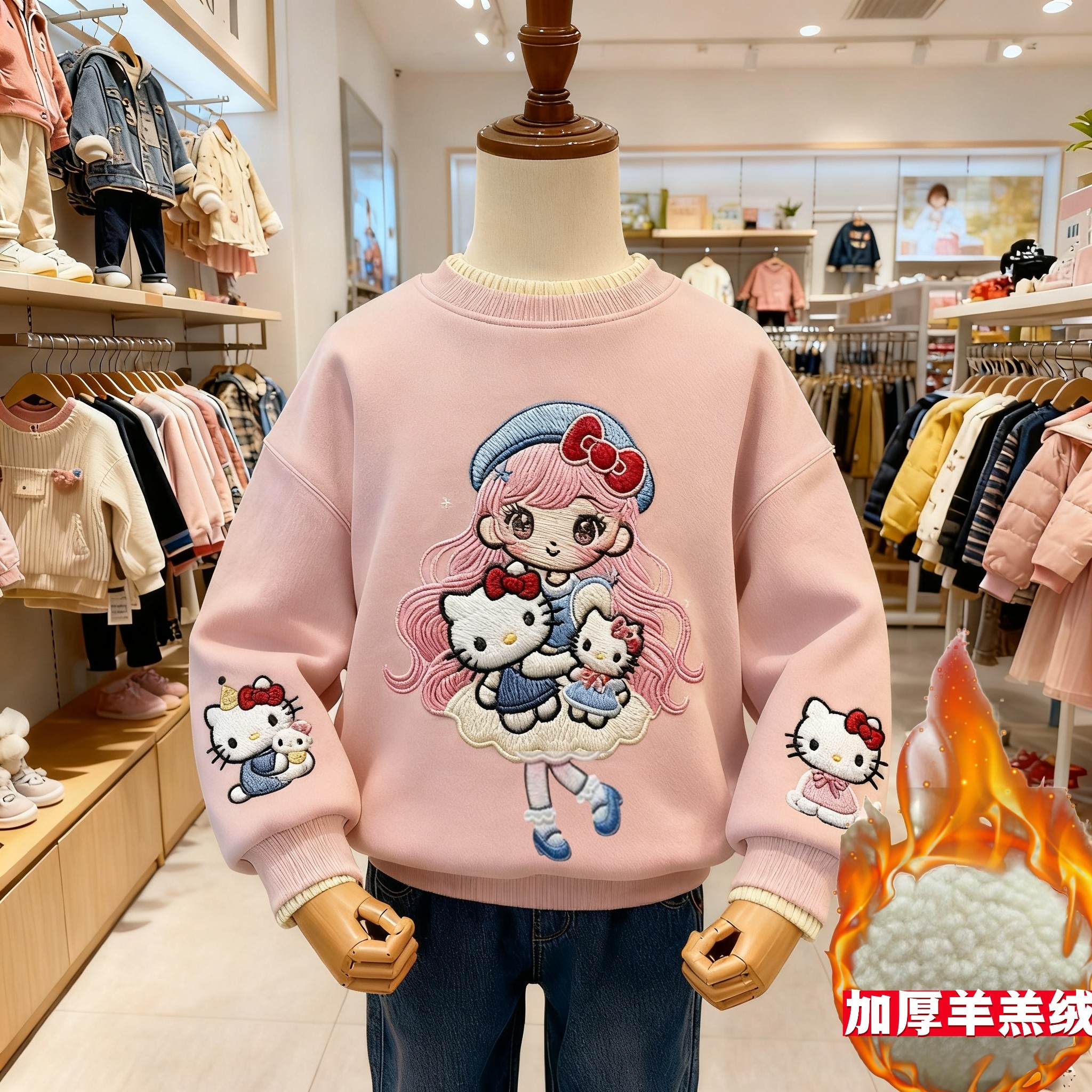Kitty猫甜美可爱风羊羔绒加厚卡通印图加绒卫衣女秋冬保暖上衣