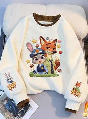 甜美可爱风卡通朱迪尼克印图加绒卫衣秋冬保暖上衣洋气女童长袖