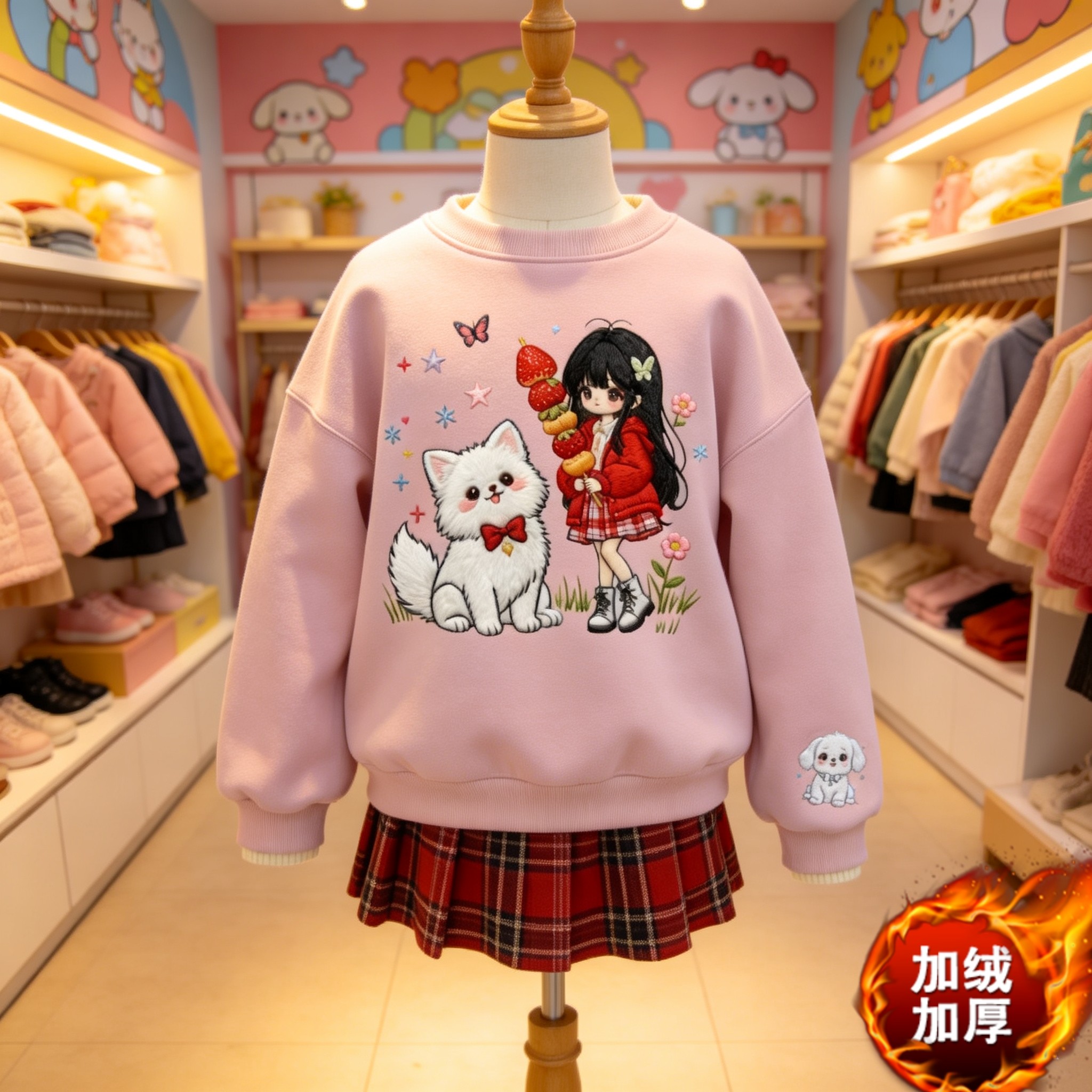 库洛米女童卡通草莓熊印花卫衣女加绒加厚白色套头上衣