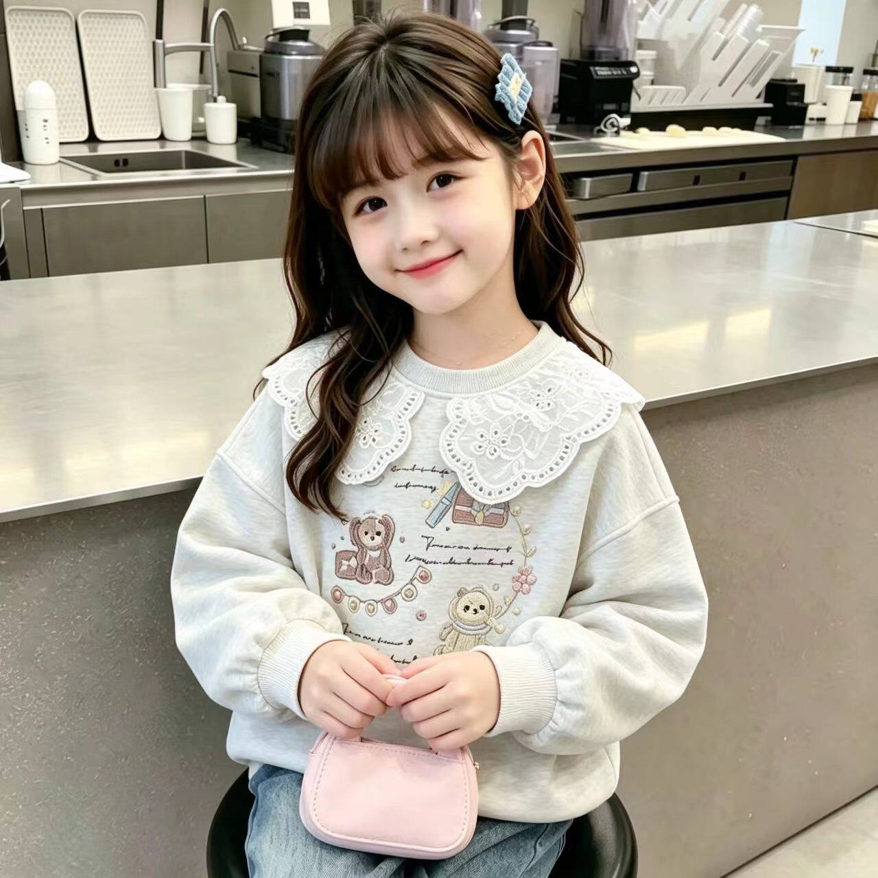 甜美可爱风女童卫衣春秋新款娃娃领上衣卡通动漫套头长袖