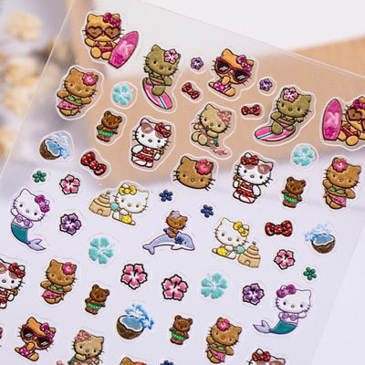 美甲贴纸5D立体浮雕款沙滩猫YL指甲贴饰品hellokitty黑皮KT猫可爱