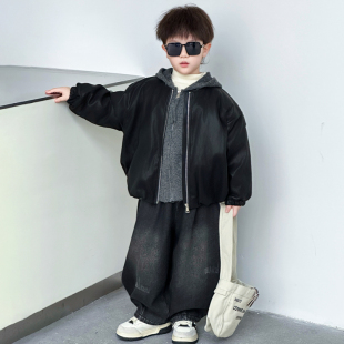 男童夹棉皮衣外套秋冬季2025新款痞帅时髦儿童连帽毛衣套装两件套