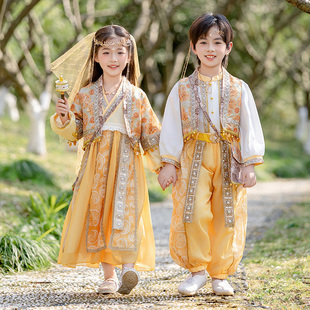 男童少数民族服装春秋季女童汉服套装傣族维吾尔族中式儿童表演服