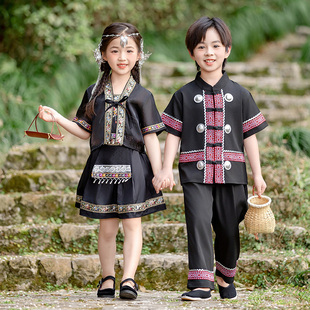 三月三儿童少数民族服装夏季男童壮族苗族汉服套装中式女童表演服