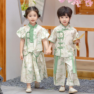 超仙日常女童国学演出服 中国风夏装 唐装 儿童古装 男童汉服夏季 套装