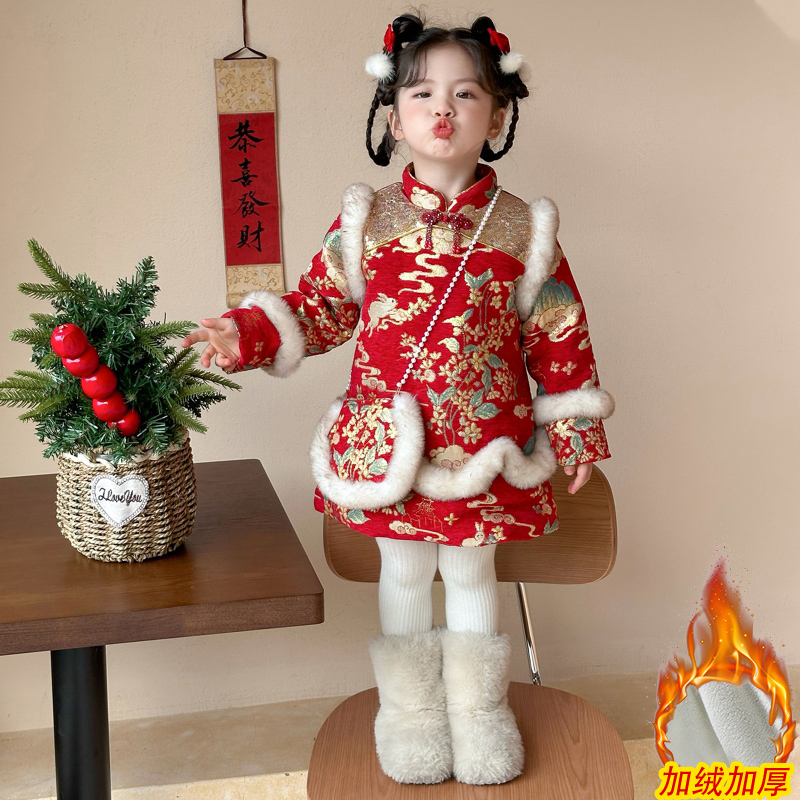 女童加绒加厚新款拜年服旗袍裙