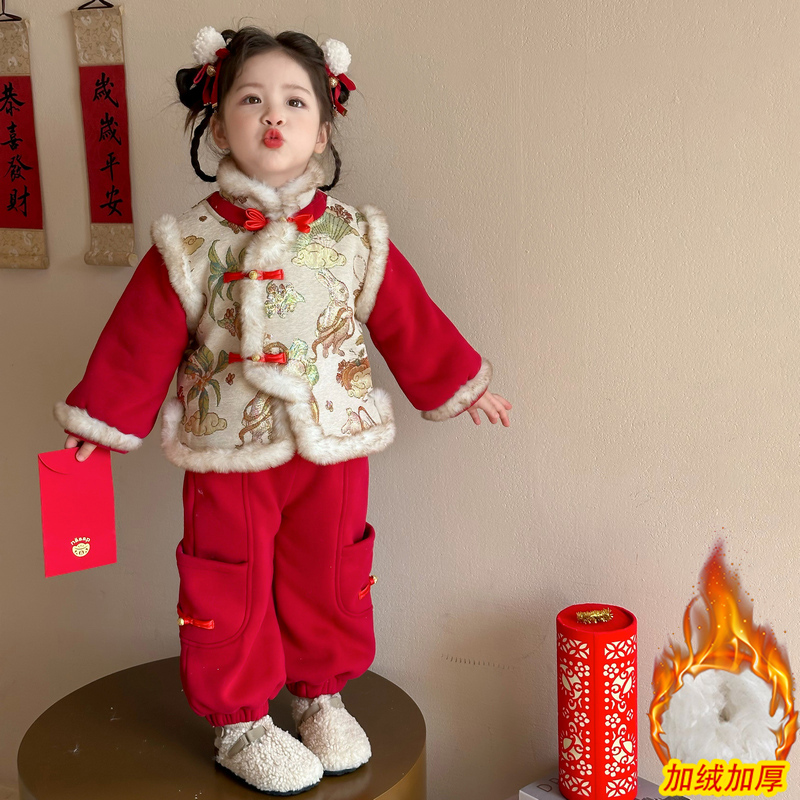 女童加绒加厚拜年服新中式套装