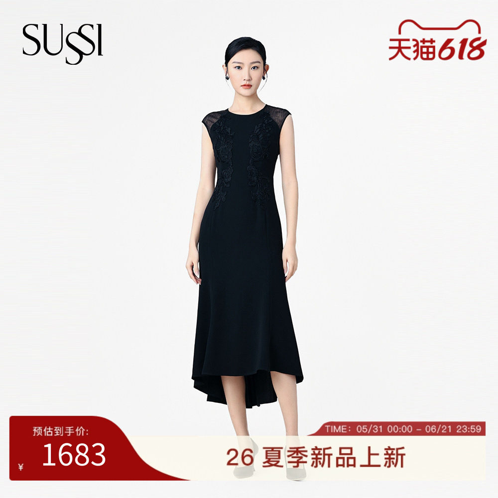 SUSSI/古色夏季新款商场同款黑色圆领包肩袖贴刺绣鱼尾连衣裙