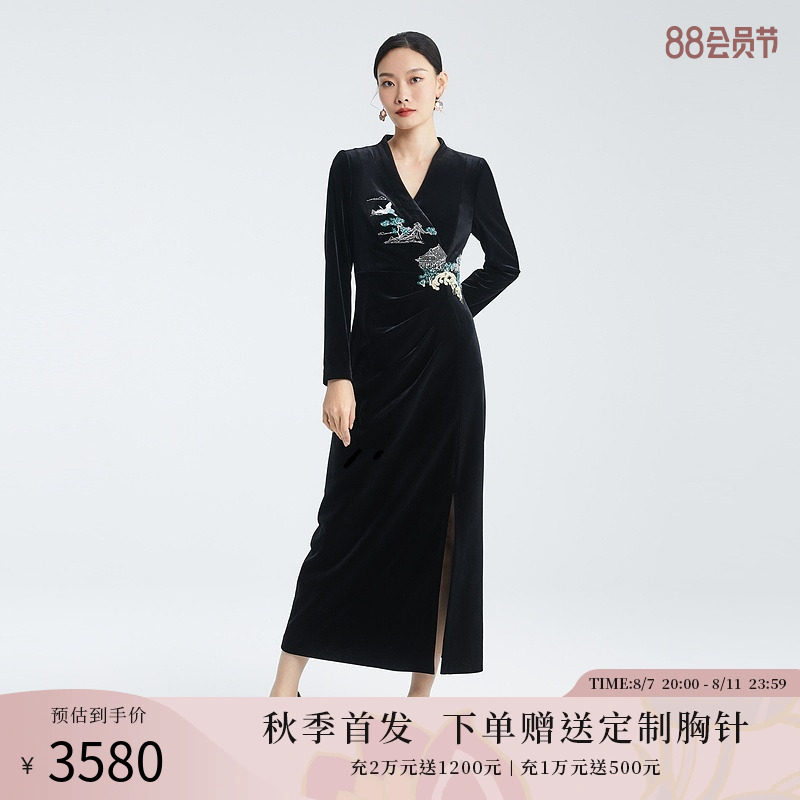 sussi/古色24秋季新品商场同款黑色商务气质优雅丝绒连衣裙女装