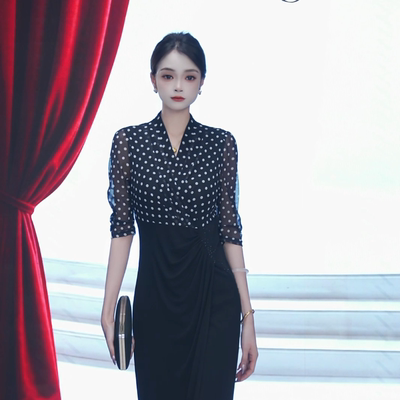 SUSSI/古色26夏新款商场同款【知夏】轻奢黑色波点通勤气质连衣裙