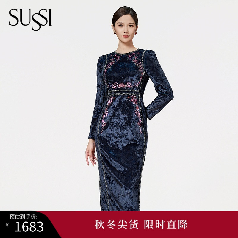 SUSSI//古色季新品商场同款黑色敦煌商务晚宴丝绒印花连衣裙