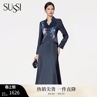 SUSSI/古色季新款商场同款青衣黑印花高级感穿搭连衣裙礼服女