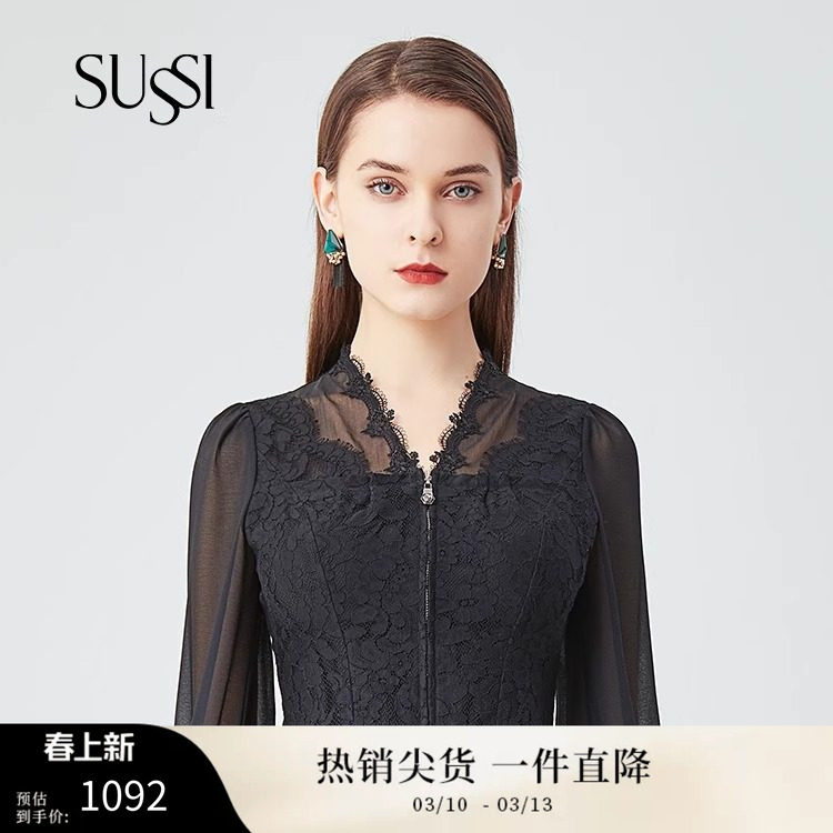 SUSSI/古色春季新款商场同款黑色蕾丝宫廷V领上衣11AV1041550