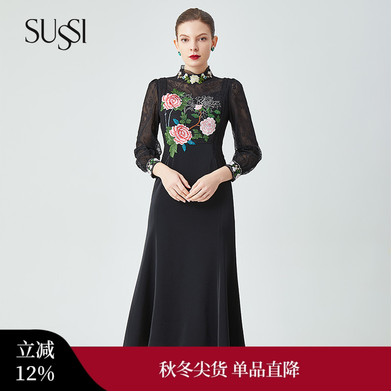 古色商场同款刺绣立领礼服连衣裙