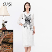 SUSSI 古色秋商场刺绣轻奢高级感简约水墨短袖 连衣裙女