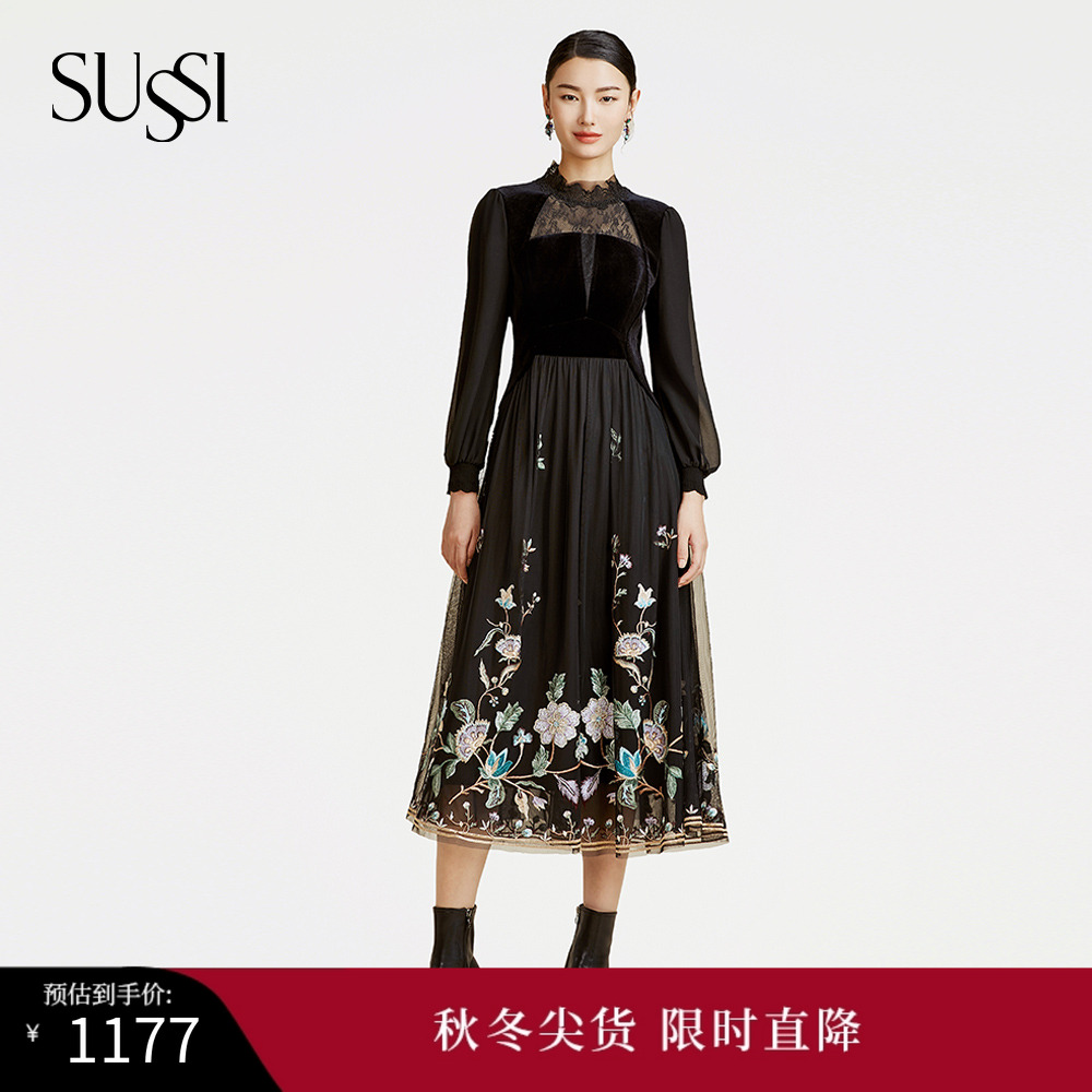 黑色网纱刺绣立领泡泡袖连衣裙