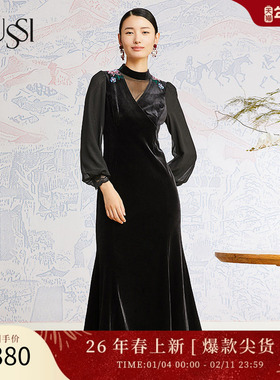 SUSSI/古色秋装新品商场同款黑色立领灯笼袖连衣裙11AW1060231