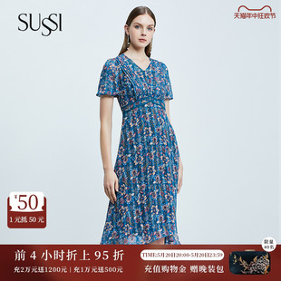 蓝色X型短袖 SUSSI 新品 雪纺灯笼袖 古色夏季 印花连衣裙女