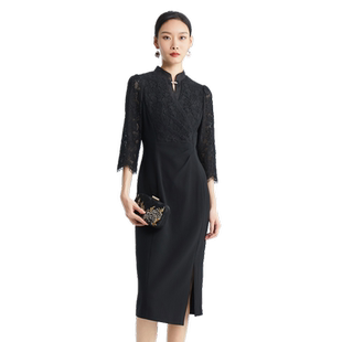 SUSSI/古色季新款商场同款黑色绣花商务气质感修身连衣裙女装