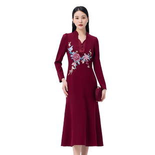 SUSSI/古色秋商场同款新年红装婚宴中国风修身羊毛连衣裙女