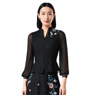 SUSSI古色春季新款商场同款黑色刺绣通勤雪纺蕾丝上衣衬衫女