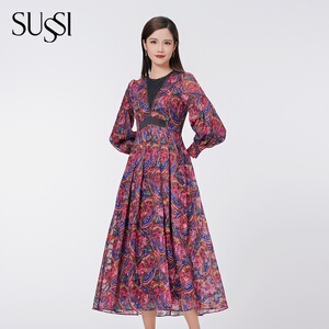 SUSSI/古色春商品同款红色复古印花碎花灯笼袖中长款连衣裙女
