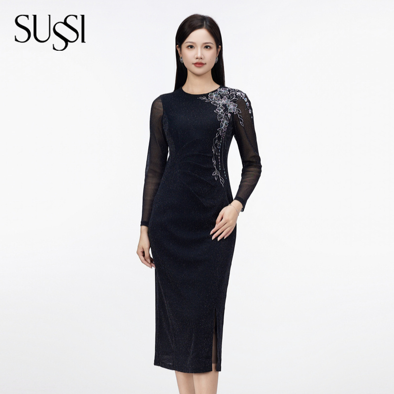 SUSSI/古色2025秋商场同款圆领收腰前开衩连衣裙
