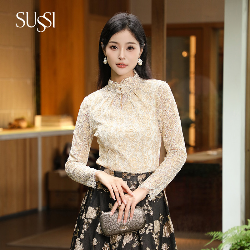 sussi/古色24秋冬商场同款杏色半高领蕾丝宫廷风上衣女