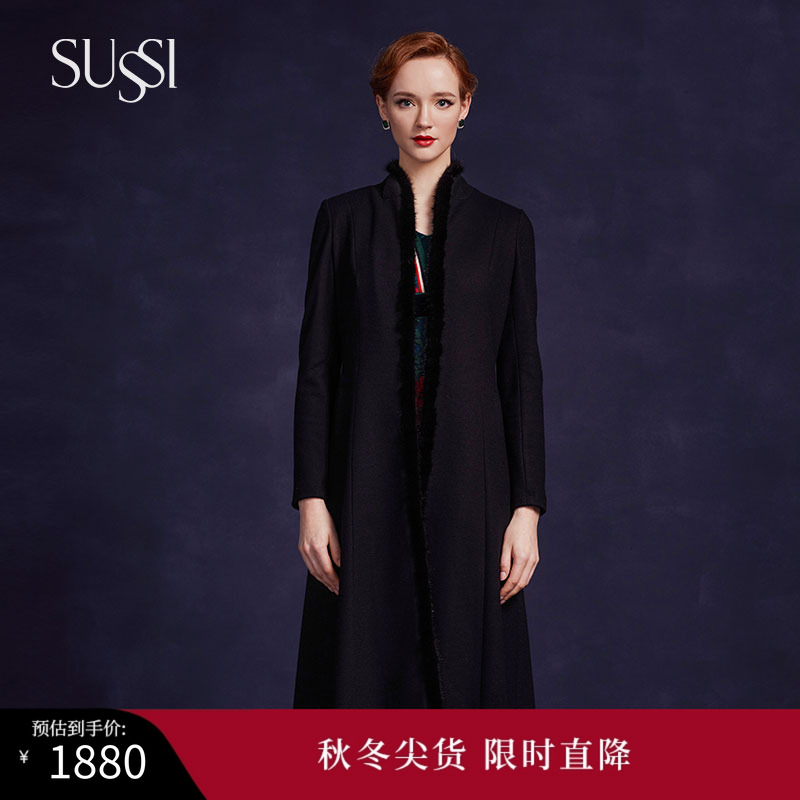 古色秋季新品拼貂毛领长大衣