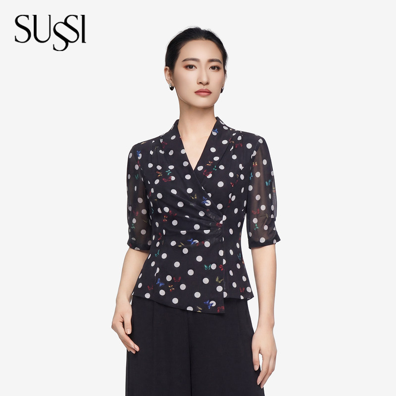 SUSSI/古色26夏新款商场同款通勤旗袍款上衣收腰显瘦高级感短袖