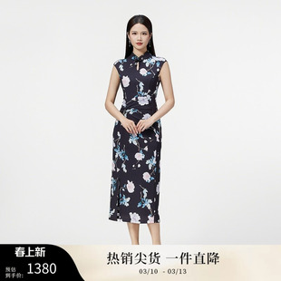 SUSSI/古色古色25夏商场同款青衣黑旗袍印花连衣裙女
