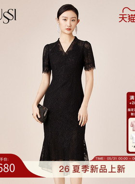 SUSSI/古色商场同款黑色蕾丝短袖中长款鱼尾连衣裙礼服裙女