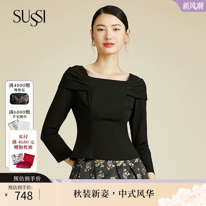 SUSSI/古色24春商场同款黑色船型领宫廷感显瘦复古上衣女