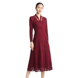 SUSSI/古色季新品商场同款酒红红装喜婆婆蕾丝收腰连衣裙女