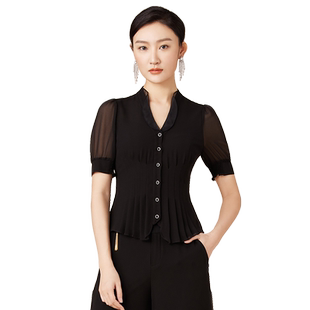 SUSSI/古色商场同款黑色简约时尚气质通勤短袖上衣女装