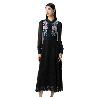 SUSSI/古色冬商场同款黑色圆领灯笼袖蕾丝收腰连衣裙女