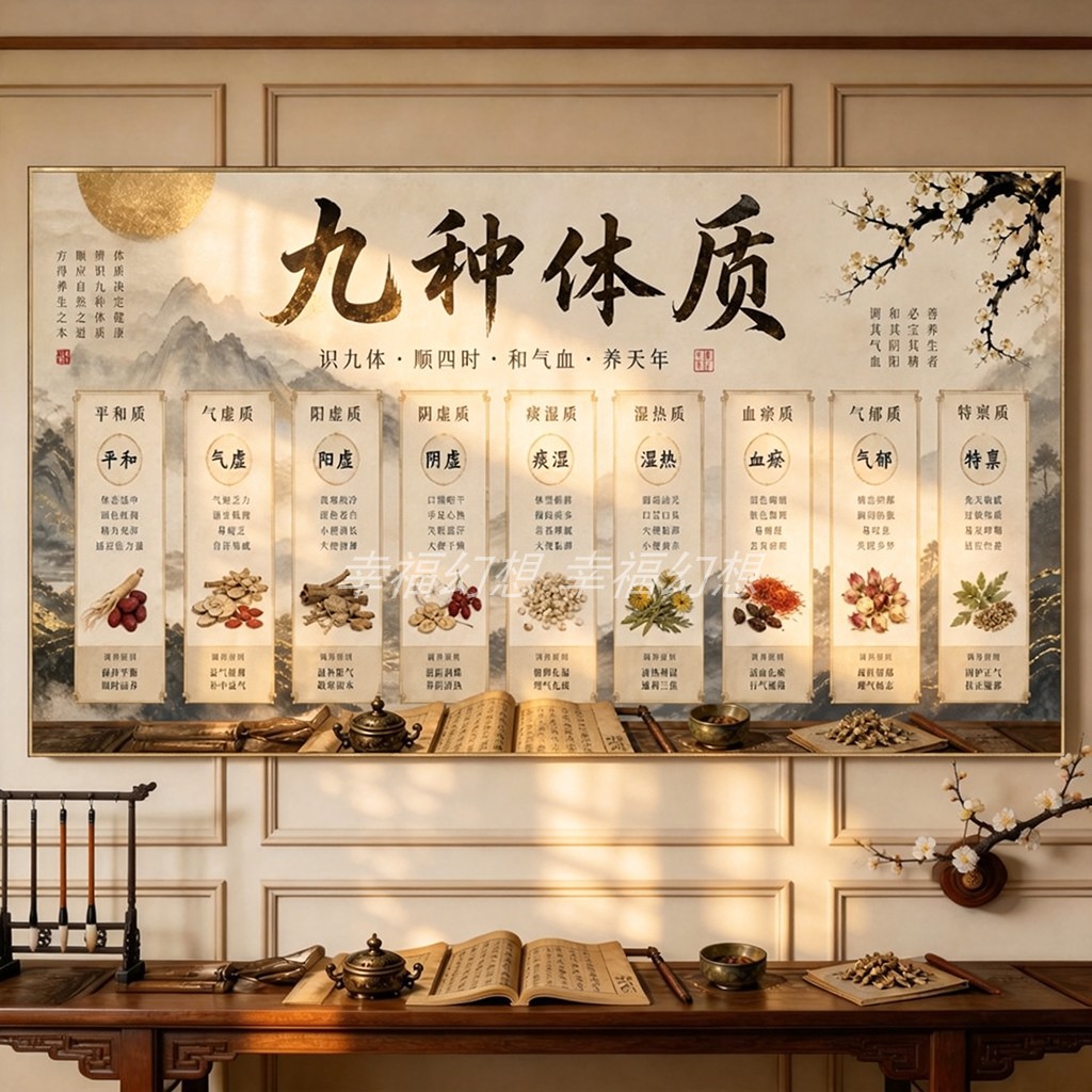 中医养生馆九种体质海报体质辨识宣传展板新中式背景墙装饰广告画