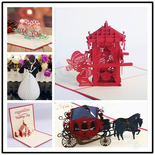 3d立体剪纸情人节结婚贺卡请帖镂空婚礼大红花轿请柬宴请邀请函