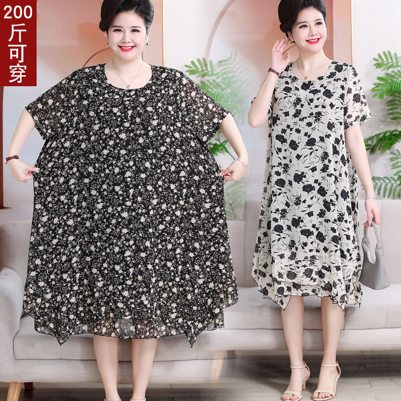 中老年女装雪纺夏加肥加大码胖妈妈装短袖过膝连衣裙中长裙200斤