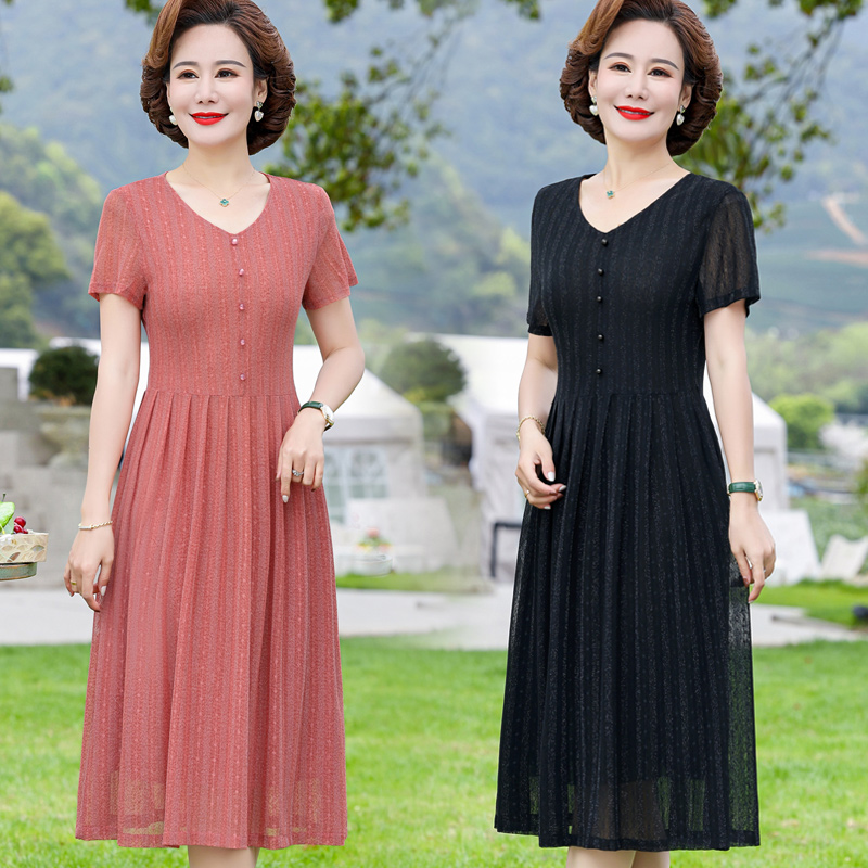 中老年女装短袖网纱连衣裙