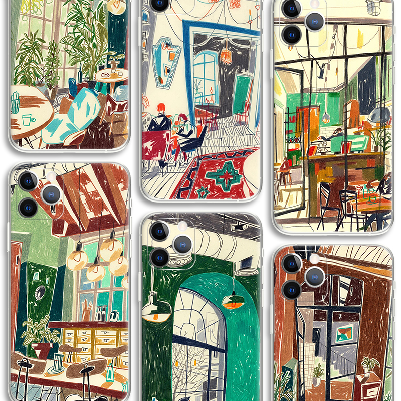 sarah mari shaboyan 咖啡店速写插画文艺术生手机壳 F298 适用苹果iphone17PROMAX AIR 华为小米三星