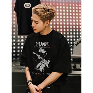 王嘉尔同款明星夏季男装短袖T恤punk乐队朋克科本美式复古高街