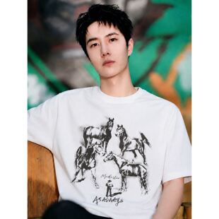王一博同款明星夏季男装短袖T恤骏马图案美式复古潮牌痞帅高街